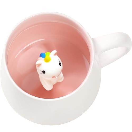 BigNoseDeer Lindo Unicornio Taza de Ceramica Único Pintado a Mano Novedad Tazas de Animales en 3D, Personalizado Chocolate Té Leche Tazas para Bodas, Cumpleaños Amantes del Unicornio Mujer Muchachas