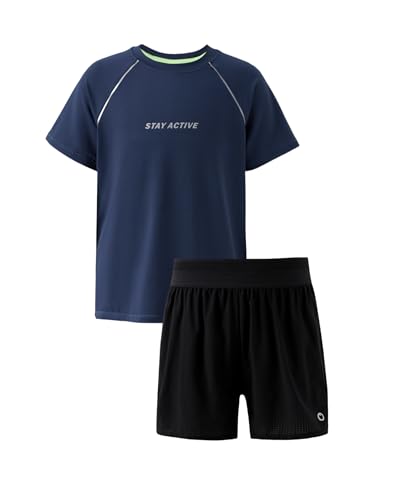 PATPAT Boys 2-Piece Athletic Set, Ultra-Light Quick-Dry T-Shirt & 2-in-1 Mesh Liner Shorts – Breathable Activewear for Sports & Play, Hyper Black, US6/XS