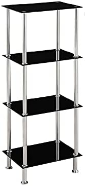 Modernique Glass Shelf Tier Storage Unit, Rectangular Shape in Black or Clear Glass with Chrome Stand, Shelving Unit (Clear, Tier 4)