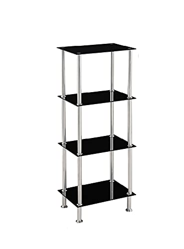 Modernique Glass Shelf Tier Storage Unit, Rectangular Shape in Black or Clear Glass with Chrome Stand, Shelving Unit (Black, Tier 4)