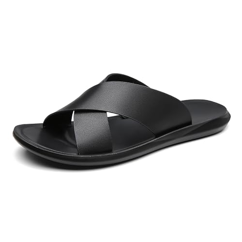 LOVEHEYNEW Men's Leather Slip On Slides Sandals Comfortable Lightweight Open Toe Anti-Slip Flat Summer Casual Slippers Indoor Outdoor Walking Beach Sandals (Black,13)