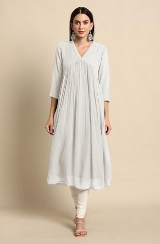 Image of Janasya Women's Dobby Chiffon Self Design Flared Kurta