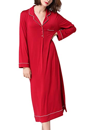 Dolamen Camisón para Mujer Largo, 2018 Mujer Camisones Camisa de Dormir, Nightdress, Lounging Modal Algodón Top Loose Lencería Camisón de Manga Largo (X-Large, RojoII)
