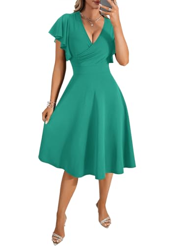 Image of LYANER Women's Warp V Neck Ruffle Short Sleeve A Line Swing Flared Cocktail Party Midi Dress
