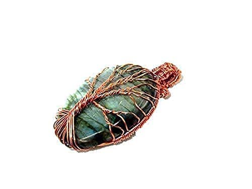 HiJet Beautiful Labradorite Copper Wire Wrapped Tree of life Oval Pendant Necklace Balancing Positive Energy Harmony Luck Yoga Meditation Reiki Natural Genuine Authentic Fashion Style