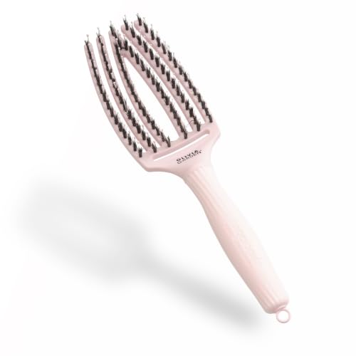 Olivia Garden Fingerbrush Jabalí y Nylon, Rosa Pastel, Mediano | Cerdas de jabalí y nylon para desenredar con suavidad y dar brillo; pico seccionador integrado; cabezal flexible