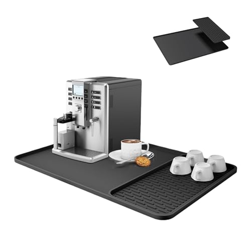 Tapis Machine à Café en Silicone 2 en 1, 60 x 40 cm, avec Égouttoir Amovible et Bord Relevé, Antidérapant, Tapis Vaisselle pour Plan de Travail, Cuisine et Bar
