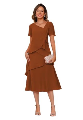 Women’s Chiffon Mother of The Bride Dresses 2025 Tea Length Formal Dress with Ruffles LN162