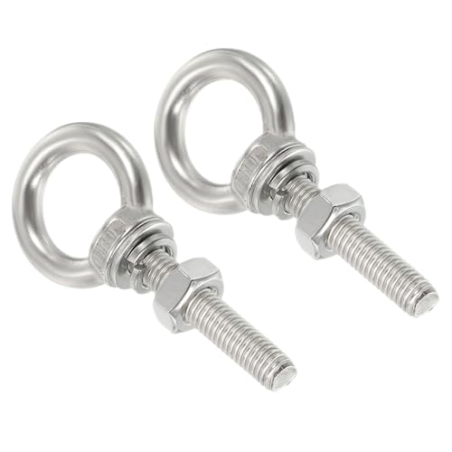 Image of uxcell M10x50 3 /8 inchx2 inch Stainless Steel Eye Bolts Threaded Screw Eyebolt Shoulder Ring with Nuts Washers for Lifting Hanging, 2 Set
