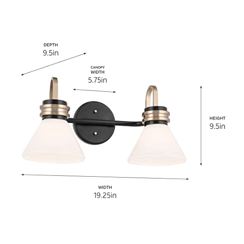 Image of Kichler Farum 2-Light Bathroom Vanity Light Fixture with Opal Glass in Black with Champagne Bronze Accents, Modern Damp Rated for Over Mirror (19.25 inch x 9.5 inch x 9.5 inch), 55154BK
