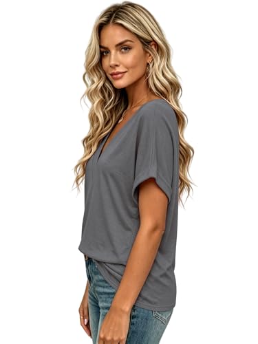 Image of T Shirts Short Sleeve V Neck Tees Womens Tops Beach Vacation Fashion Clothes 2026 Casual Summer Spring Fall Outfits