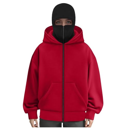 Balaclava - Sudadera con capucha para hombre con cremallera y bolsillo a prueba de viento, sudadera con capucha para hombre con capucha y pasamontañas, rojo, M