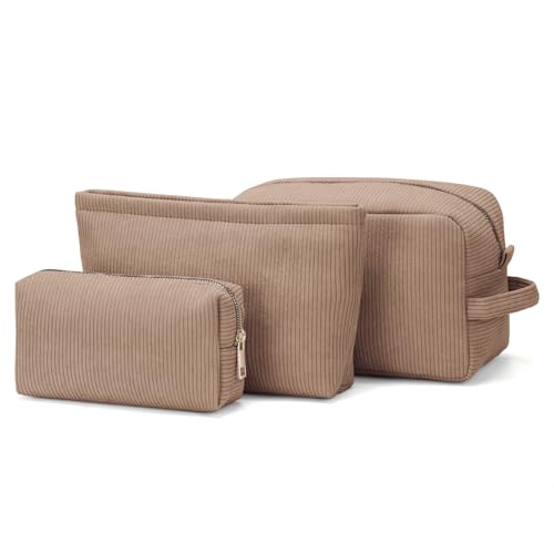 3 Pieces Makeup Bag Cosmetic Bags for Women Corduroy Travel Toiletry Make Up Brush Storage Bag Pounch Organizer Travel Essenitial for Women (Light Brown) Light Brown Corduroy Makeup Bag