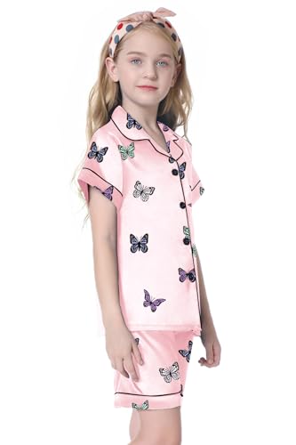 Image of Umeyda Women & Girls Pajamas Set, 2 Piece PJS Satin Silk Sleepwear Button-Down Top with Shorts for Mom Kids Gifts