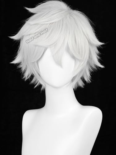Image of Half and Half Short White Wig for Men Silver White Male Anime Cosplay Wig Light Gray Spiky Layered Wigs with Bangs for Unisex Women Halloween Party Daily Costumes