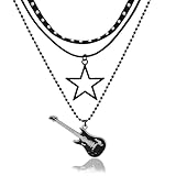 Aswitnove Layered Grunge Y4k Star Necklaces Set for Women Men Gothic Star Choker Necklace Punk Rock Roll Guitar Necklace Layered Grunge Accessories for Women Punk Rock Outfits Jewelry Gift B