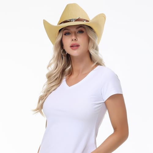Image of WQWOVRVO Cowboy Hat,Cowgirl Hat,Western Cowboy Hats for Women /Mens /Straw Wide with Shapeable Brim Cowboy Hat for Womens