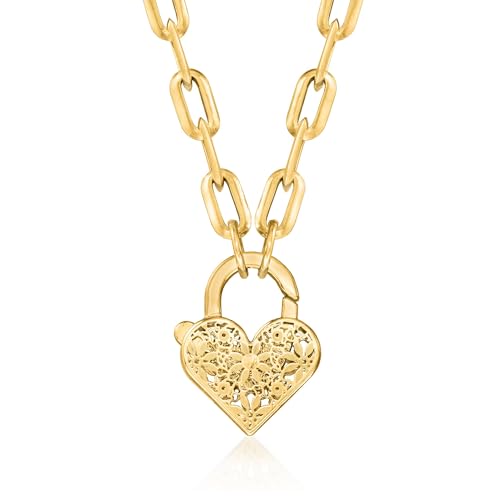 Ross-Simons Italian 14kt Yellow Gold Floral Embroidery Heart Lock Paper Clip Link Necklace