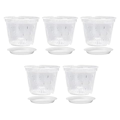 CLIUNT 5 Pack Plastic Plant Pots, 5.5Inch Slotted Orchid Pots Breathable Transparent Flower Pot with Drainage Holes and Saucers for Indoor Outdoor Plants, Home Decoration Cover