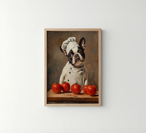 Image of aj decor Boston Terrier Chef Kitchen Wall Art Print Poster, Dog Pet Lover Picture Painting Artwork Bedroom Living Room Office Dining Room 150D (Boston Terrier Chef Kitchen, 11 inch W x 14 inch L, Wood Frame)
