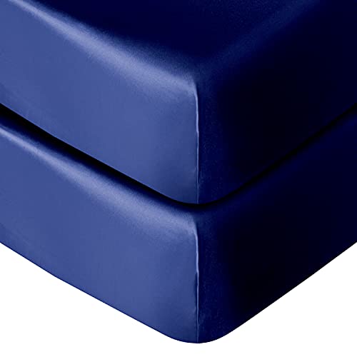 Image of NTBAY 2 Pack Silk Satin Fitted Crib Sheet, Super Soft and Silky 28x52 Crib Sheet for Standard Crib and Toddler Mattresses, Boys, Girls, Unisex, Navy Blue, 28x52 Inches