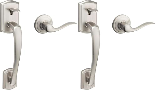 Image of Kwikset Prescott Front Door Handle No Lock, Entry Handleset Exterior with Interior Reversible Handed Lever, Non-Locking, Satin Nickel, Deadbolt Not Included, with Microban Protection (Pack of 2)