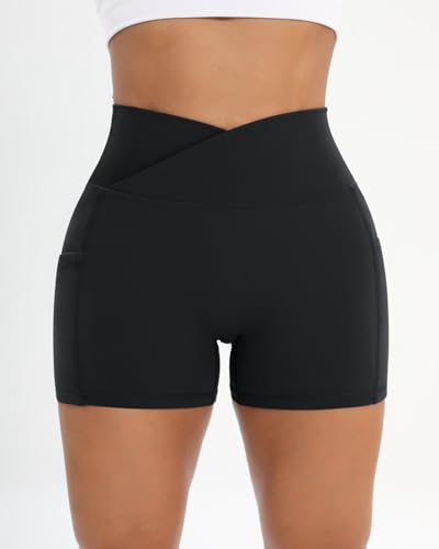 Image of Workout Shorts for Women 2 Pcs Pack Cross Waist Active Gym Spandex Stretchy Yoga Compression with Side Pockets