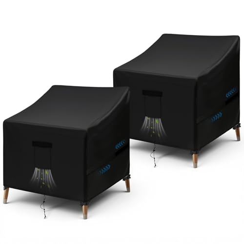 GARPROVM Garden Chair Covers Waterproof 2 Pack Outdoor Chair Covers Oxford Fabric With Vent Strap Handle Buckle Drawstring Patio Chair Covers Windproof for Armchairs (Black 90x97x60/79cm)