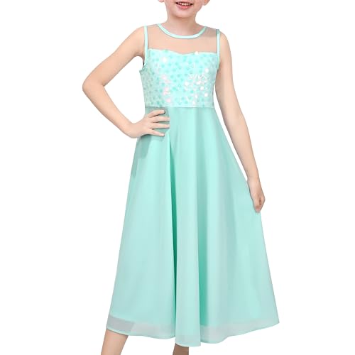 Image of Sunny Fashion Girls Dress Light Green Chiffon Sequin Bodice Wedding Dance Performance Maxi Elegant Pageant Size 10 Years