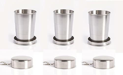 Sport Store Set of 3 Stainless Steel Folding Glasses with Hook for Camping Travel Party, Silver, 3 Unità (Confezione da 1)