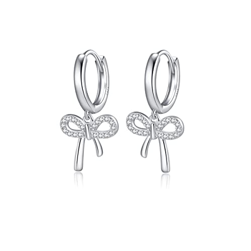 Reffeer Solid 925 Sterling Silver Bow Drop Hoop Earrings for Women Teen Girls Bowknot Hoop Earrings Huggie Ribbon Earrings