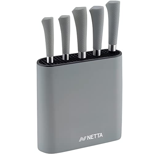 NETTA Kitchen Knife Set with Block - 6 Piece Stainless Steel Including Block - 5 Knives with Ergonomic Soft-Grip Handles and Safe-Storage Knife Holder - Grey