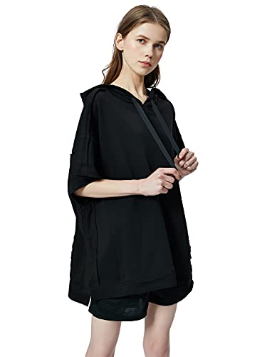 Anna-Kaci Womens Oversized Short Sleeve Hoodie Side Slits Pullover Sweater Top, Black, Large