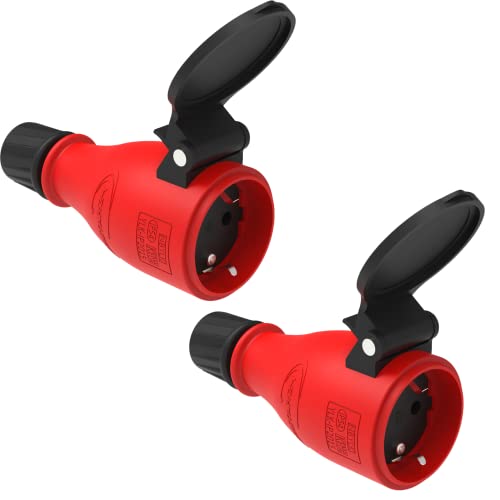 Schutzkontakt Steckdose Gummi Schuko Kupplung IP54 | Gummi Kunststoff Schwarz Rot | Außenbereich Outdoor | automatische Federabdeckung Einhandbedienung | Gewerbe/Baustelle (2 Stück, IP54 Kupplung)