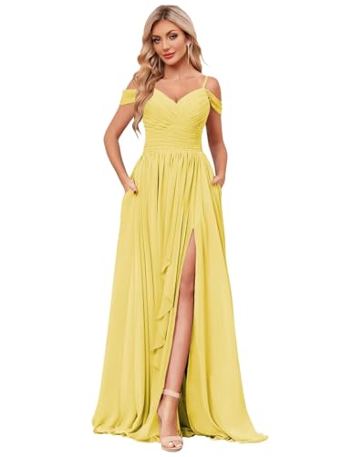 Chiffon V Neck Bridesmaid Dresses for Women Ruffled Flutter Sleeve Formal Evening Gown with Slit
