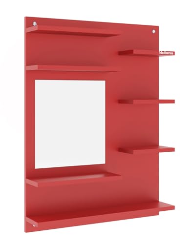 Image of Madhuran Ricco Engineered Wood Wall Mounted Dressing Table (Red Finish) Bathroom Cabinet Washroom Makeup Mirrors Storage Organiser Fancy Aaina Bedroom Mirror
