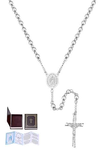 U7 Collar Rosario de Mujer Acero Inoxidable con Cuentas de 6mm Plata Rosario Collar de Mujer Cruz Cadena 66cm + 16cm con Libro de Oraciones, Manual y Caja de Regalo