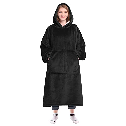 Waitu Oversized Sherpa Wearable Blanket Sweatshirt - Warm Body Blanket Robe with Sleeves and Pocket for Women and Men - Black