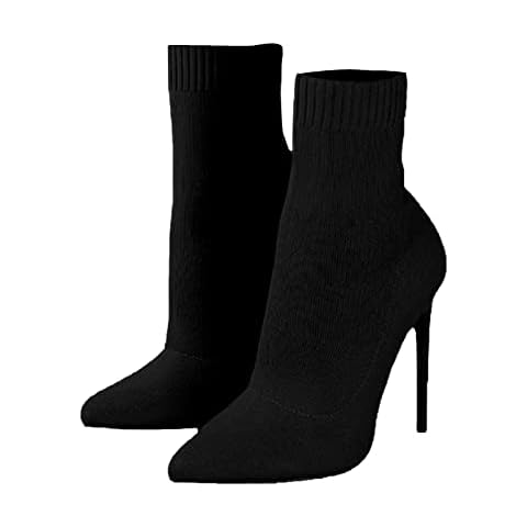 Rimhold Womens Pointed Toe Boots Party Stilettos High-heeled Court Shoes Knit Stretchy Ankle Booties Classic Boots High Heels Cover