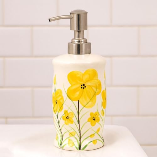Image of Ceramic Soap Dispenser 330ml (Set of 1) | Flower Design Refillable Hand Wash, Lotion & Liquid Soap Pump Bottle | Premium Ceramic Bathroom, Kitchen & Vanity Accessory | Yellow