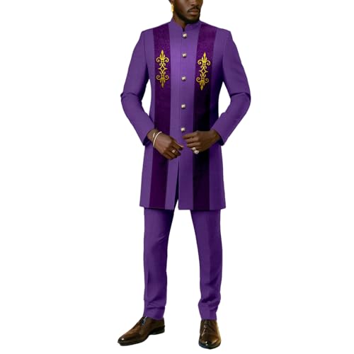 African Suit for Men 2 Piece Set Fashion Velvet Dashiki Jacket and Pants Wedding Outfit Attire Clothing TR40 Purple-n23 XX-Large