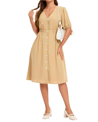 Image of Women Linen Rayon Blend Midi V Neck Button Front Elastic Waist Puff Sleeve Tie Casual Summer Dress