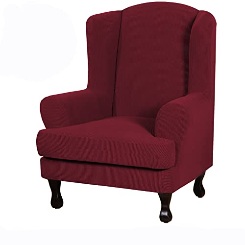 YOPOIY 2 Piece Wing Chair Cover With Cushion Cover Stretch Jacquard Wing Chair Slipcover Form Fitted Thick Soft with Elastic Bottom -Red wine-