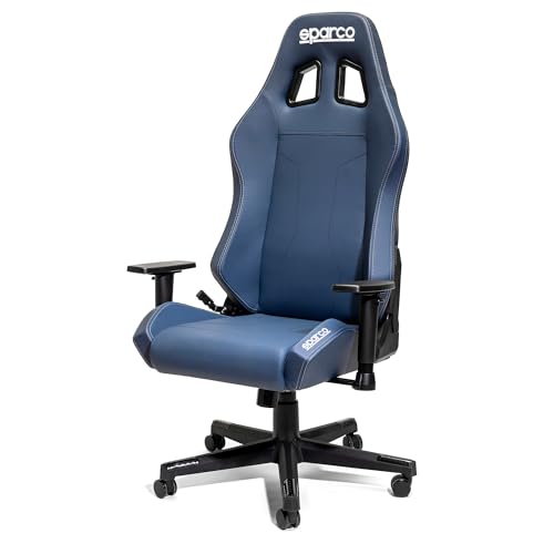 Migliori sedie da gaming Sparco Sedia Ufficio Gaming Coach, Schienale Reclinabile 150°, Braccioli 2D, Supporto Lombare, Ecopelle, 60x60x100 cm (Fodera blu navy - Cuciture argento)