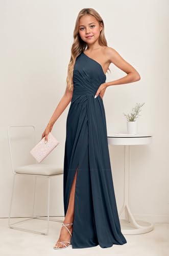 Junior Bridesmaid Dresses One Shoulder Chiffon Flower Girl Dress for Teen Girls Long Party Pageant Gowns Navy Blue Size 82