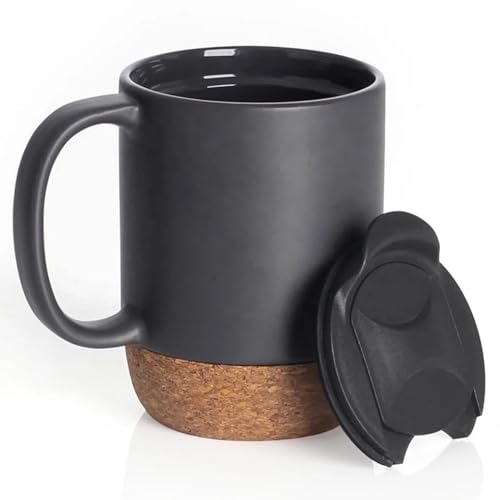 Generic Re-usable Ceramic Coffee Mug with Handle and Removable Lockable Lid with Sliding Sip Hole 400ML. Heatproof Cork Base Design. (Matte Black)