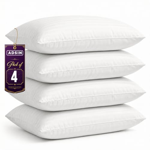 adsin 4-Pack Hotel Quality Stripe Pillows Soft Hollowfibre Bounce Back Pillows Rapid Rebound & Dust Proof Supportive for Back Stomach & Side Sleepers Hypoallergenic Bed Pillows