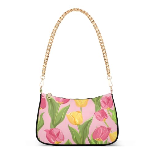 Bolso de hombro para mujer con flores tulipán rosa y amarillo miniatura 1