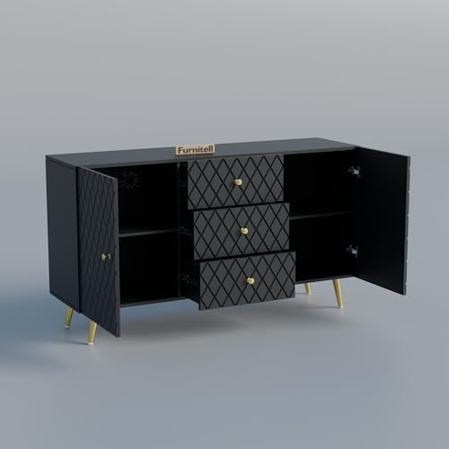 Image of Wooden Sideboard Cabinet for Living Room & Bedroom | Geometric Design Side Board Crockery Cabinet with 2 Doors & 3 Drawers Storage for Home & Entryway | HDMR Premium Wood | Golden Metal Legs (Black)