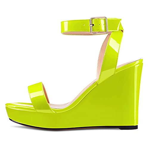 Image of Aachcol Women Platform Wedge Sandals Round Peep Open Toe Ankle Strap Slingback Two-Piece Chunky Block High Heel Dress Shoes Pumps Party Patent 4 Inch